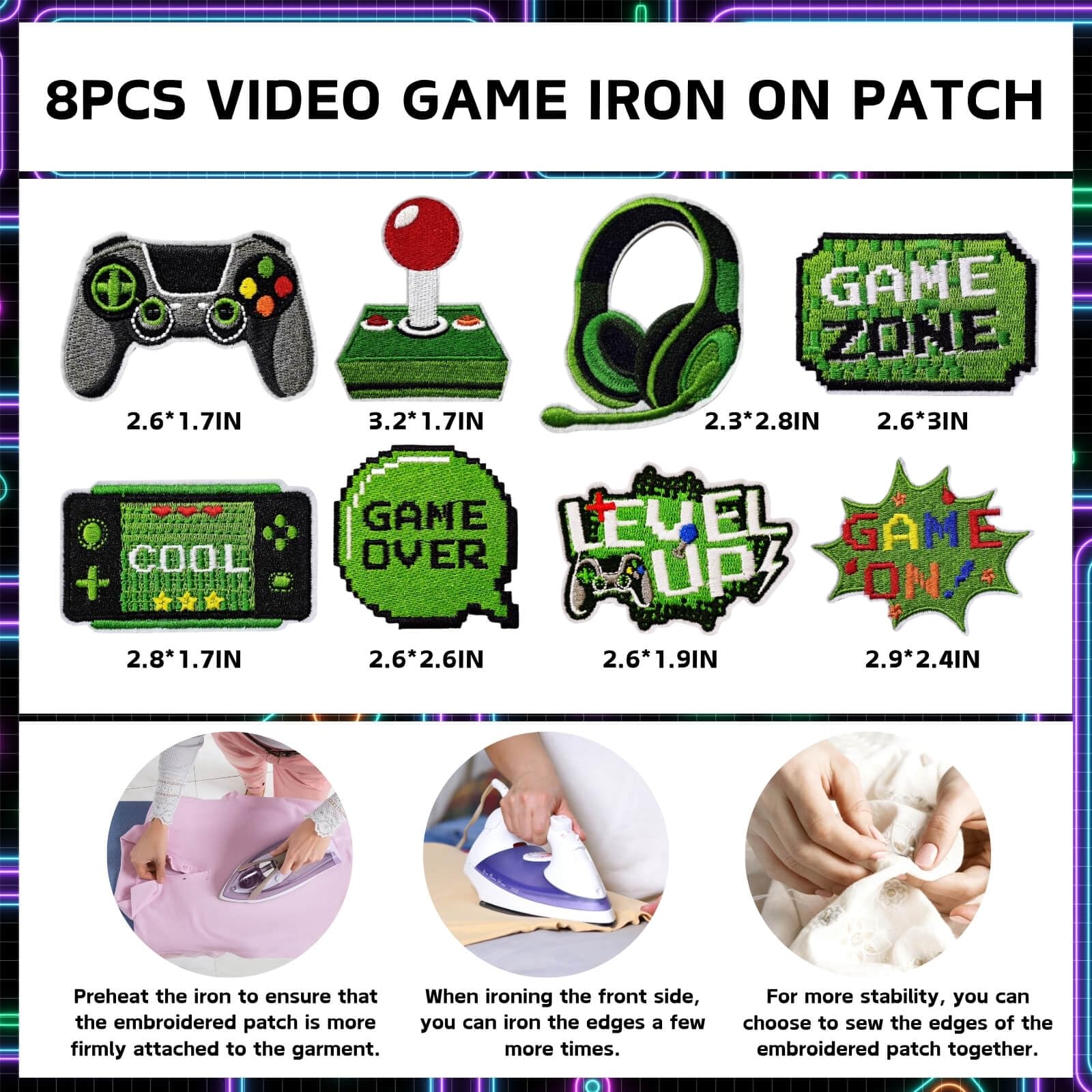 8PCS Video Game Patch, Green Gaming Embroidery Patch, Pixelated Game Day Sew Iron On Patch Embroidered Applique Repair Patch DIY Craft Accessories (8PCS)