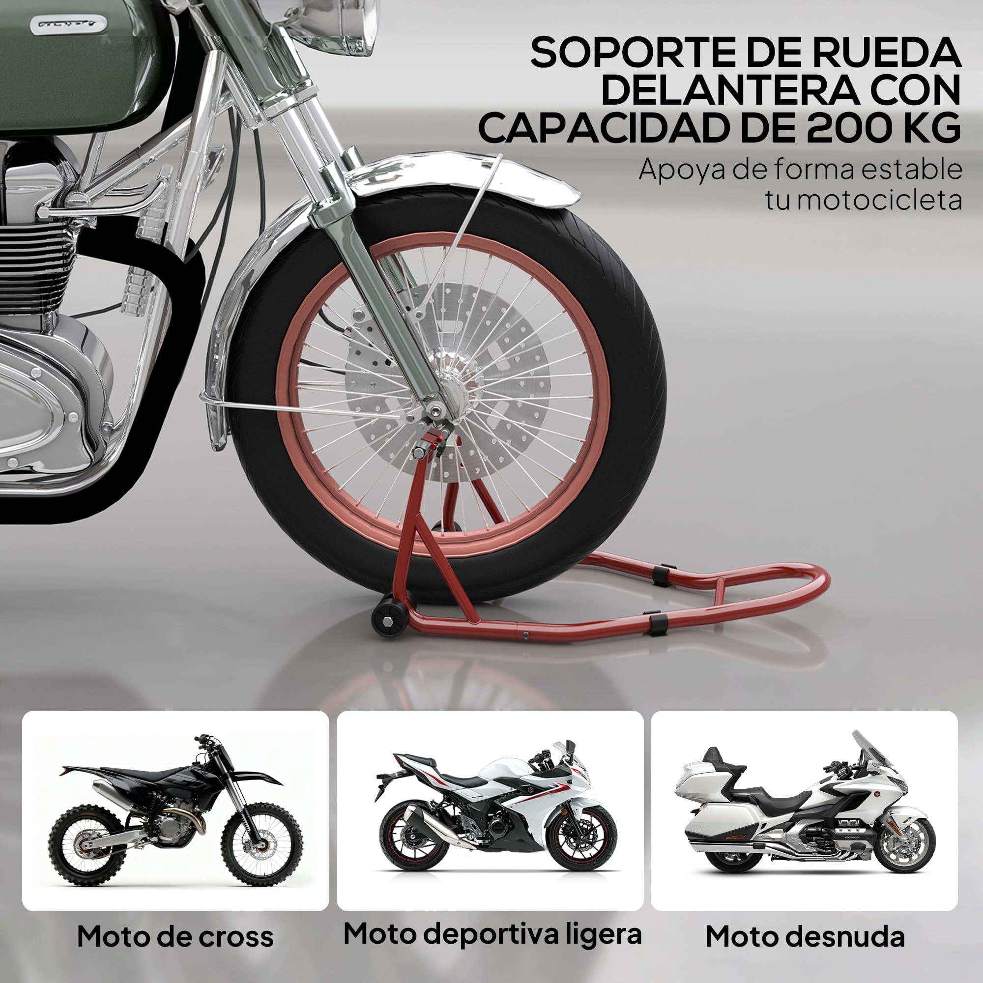 HOMCOM Caballete de Moto Soporte Delantero Universal Rueda 10" 17" 18" | Acero, Carga 200 kg, Horquillas en U y L Ajustables, Ruedas, Almohadillas Antideslizantes, Reparación en Garaje