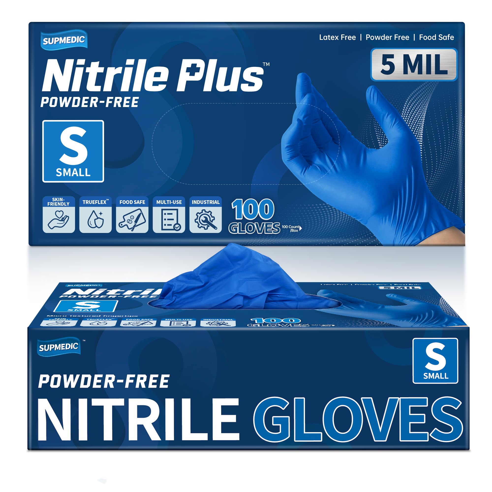 Supmedic Nitrile+ Disposable Gloves, 5 Mil Latex &amp; Powder-Free Glove 100 Ct