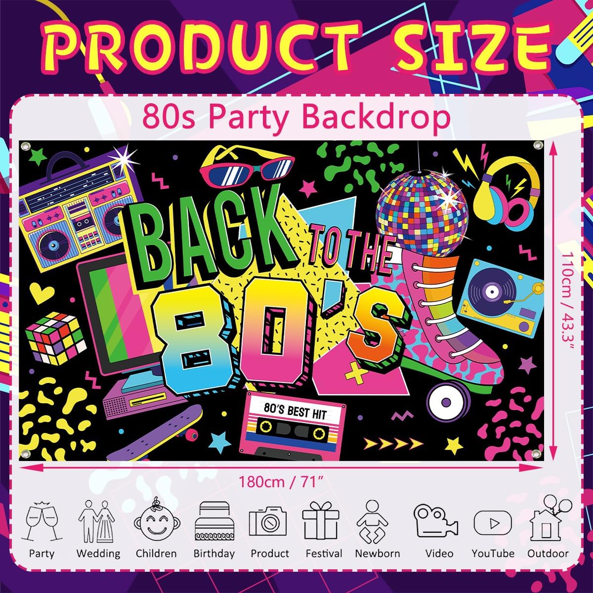 Back to The 80s Party Banner Backdrop Decorations Supplies 6 x 3.6 ft 80s Backdrop for 80s Party Decorations Hip Pop Photo Booth 80's Photography Background