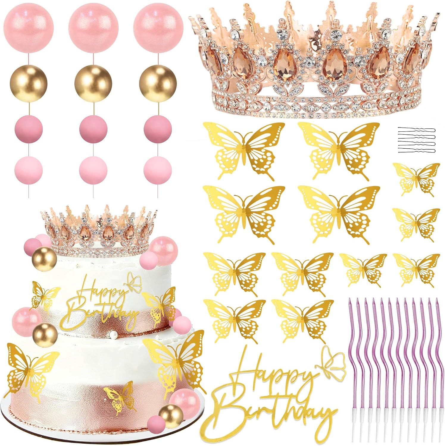 ZOYVUX Happy Birthday Crown Cake Topper Decorations, Rose Gold & Peach