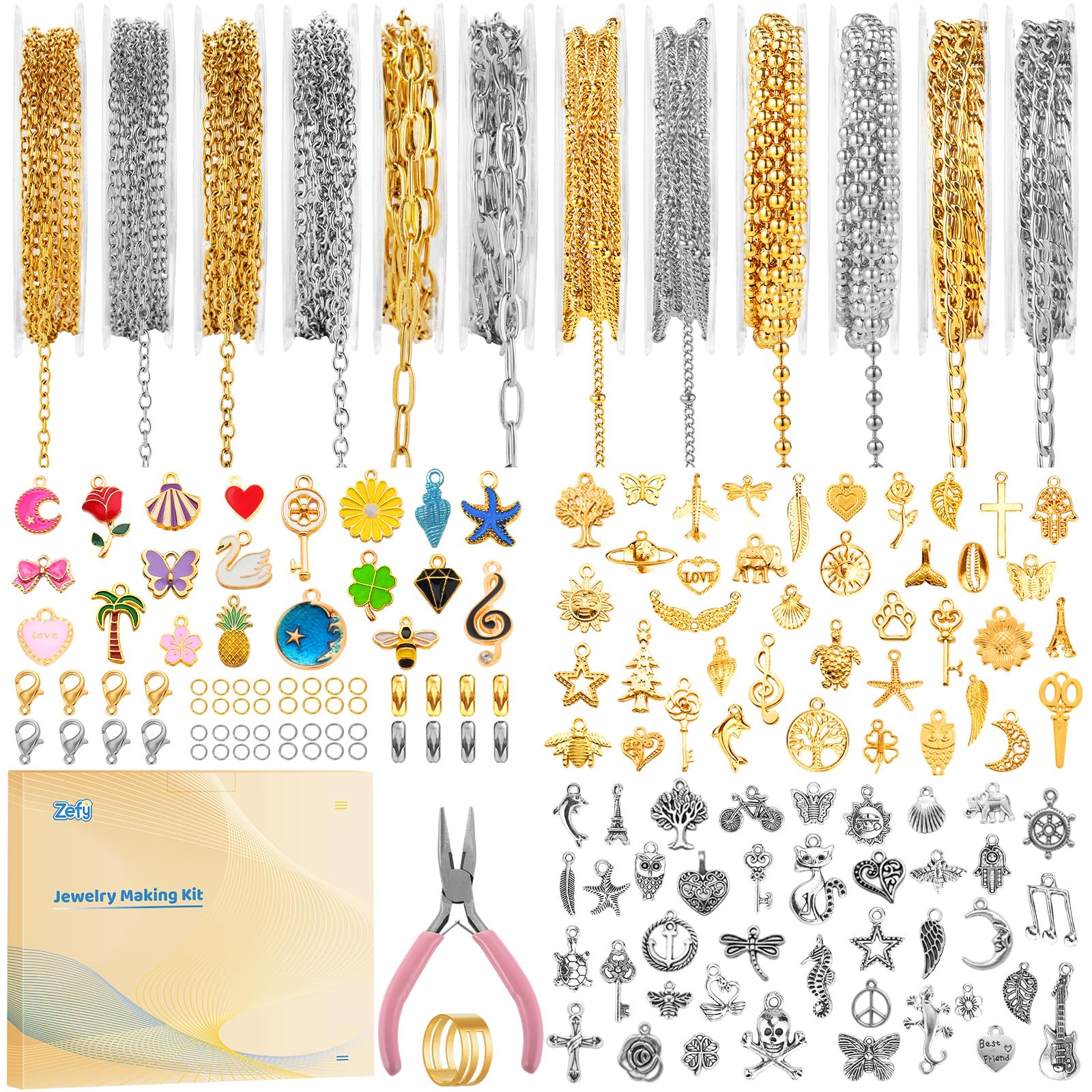 Gold & Silver Charm Necklace Making Kit - 348 Pcs -8 Gold & Silver Charm Necklace Making Kit - 348 Pcs -8