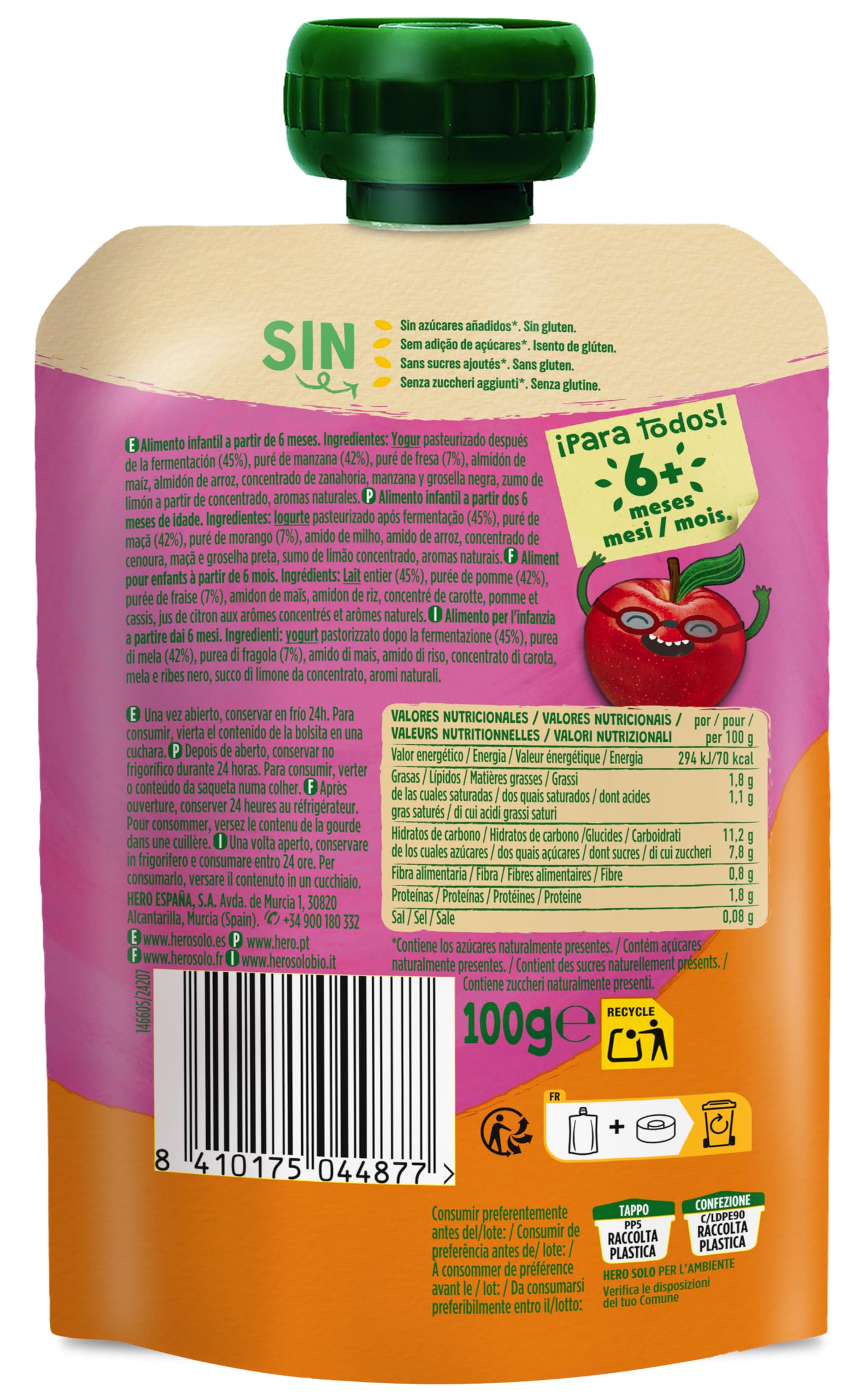 Hero Baby Mi Merienda Bolsitas de Yogurín Manzana Fresa 100g