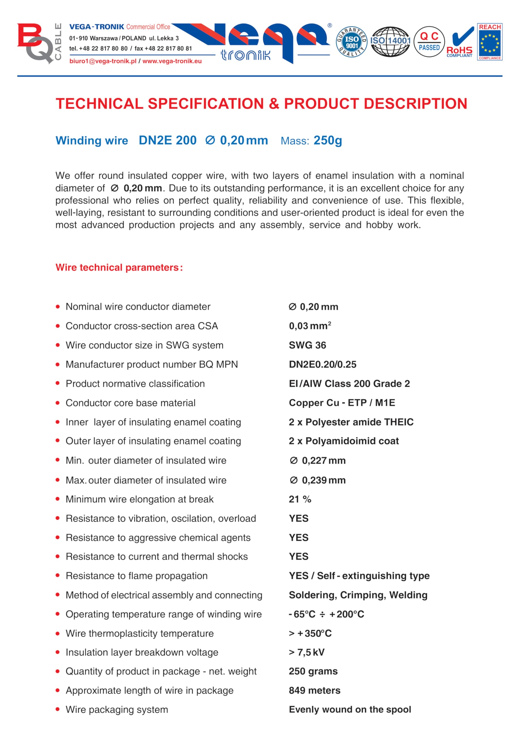Winding Wire DN2E 200 0,20 mm 250 g