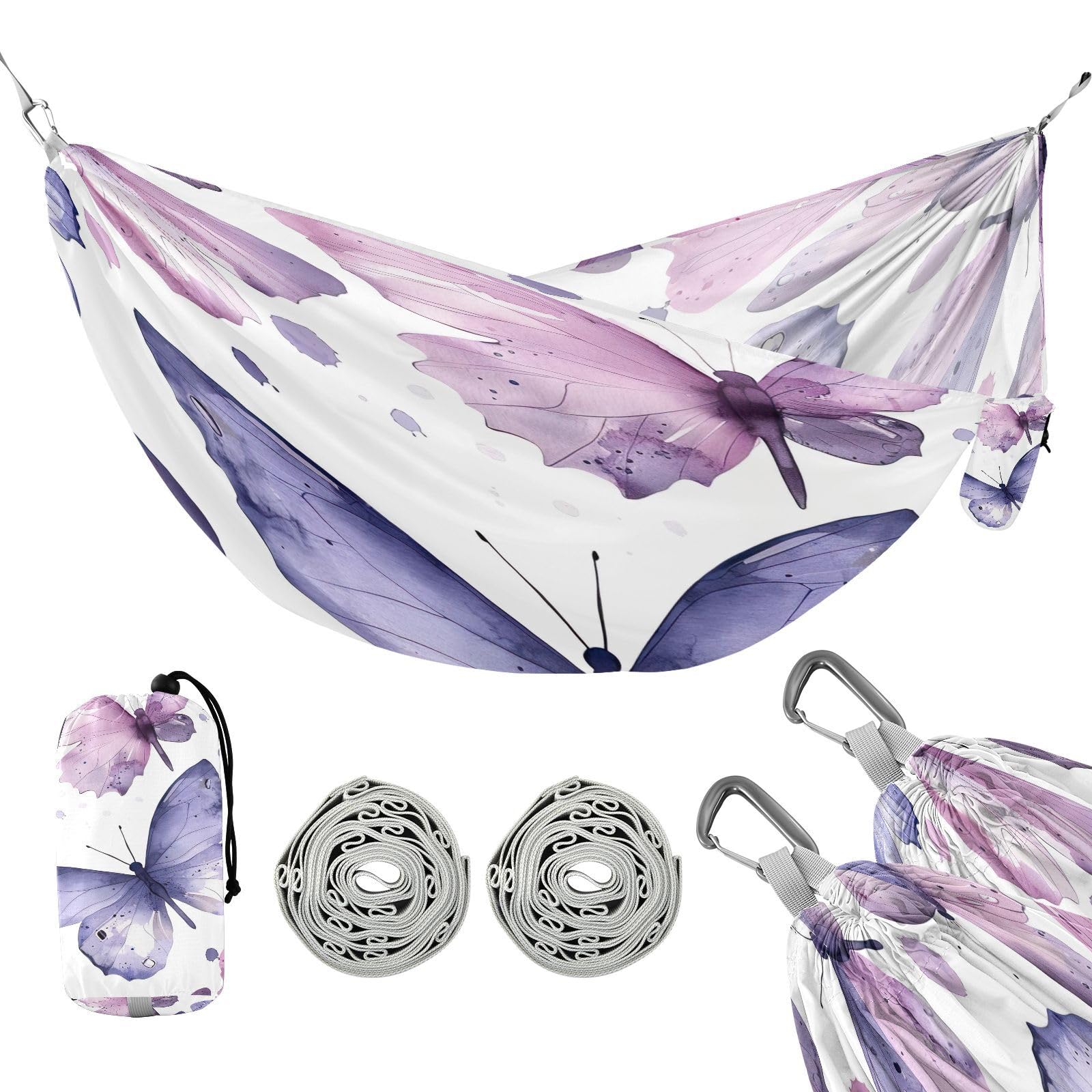 Kigai Watercolor Butterfly Camping Hammock Durable & Portable Travel Hammock Holds 330lbs with Tree Strapsm, Pocket, Camping Accessories