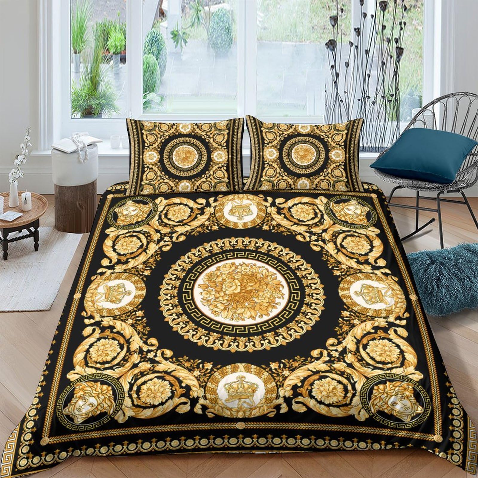 Ctjqhvkz Style-6 3D Printed Baroque Mandala Fitted Sheet Microfiber Luxury Gold Black Mattress Cover For Bedroom Guest Room Decoration Single（135X200cm）