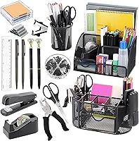 Froidesente 17-in-1 Black Desk Organizer Set: 3 Organizers, Stapler, Pens, Tape Dispenser, Scissors & More for Office & School