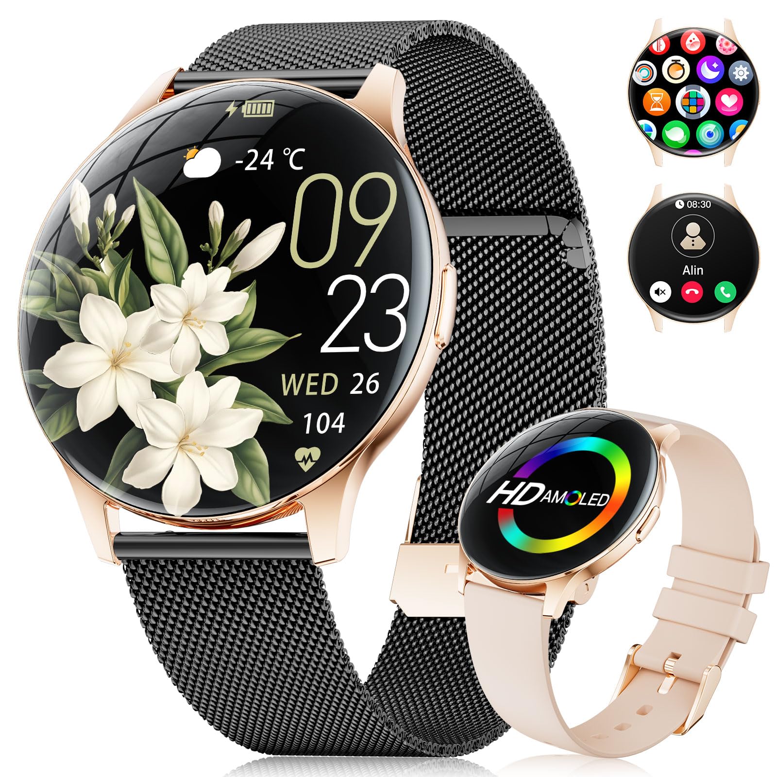 BENYAR SMART Smartwatch Donna, 1,43" AMOLED Schermo/Chiamata Bluetooth/100+ Modalità Sportive Smartwatch, Sonno/SpO2/Calorie/Frequenza Cardiaca Monitor per Android iOS