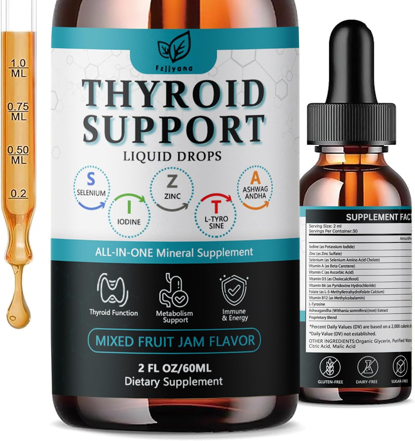 Thyroid Support For Women & Men Liquid Drops.Thyroid Supplement Drops With Selenium Zinc Iodine L-Tyrosine Ashwagandha For Energy & Metabolism Support, Hormone Balance,Vegan,Additives Free - 2 Fl. Oz