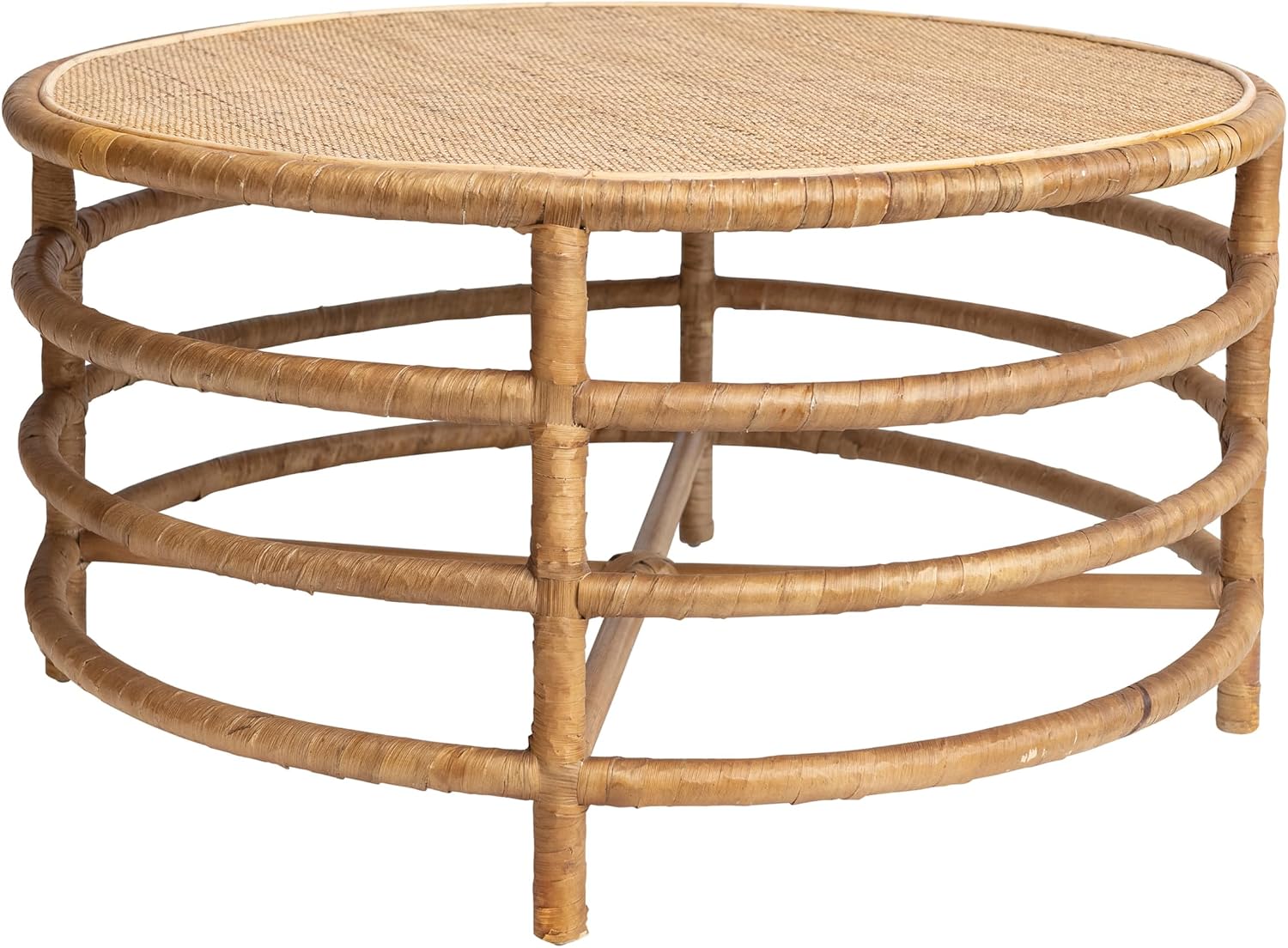 Boho Round Woven Rattan Coffee Table, Natural