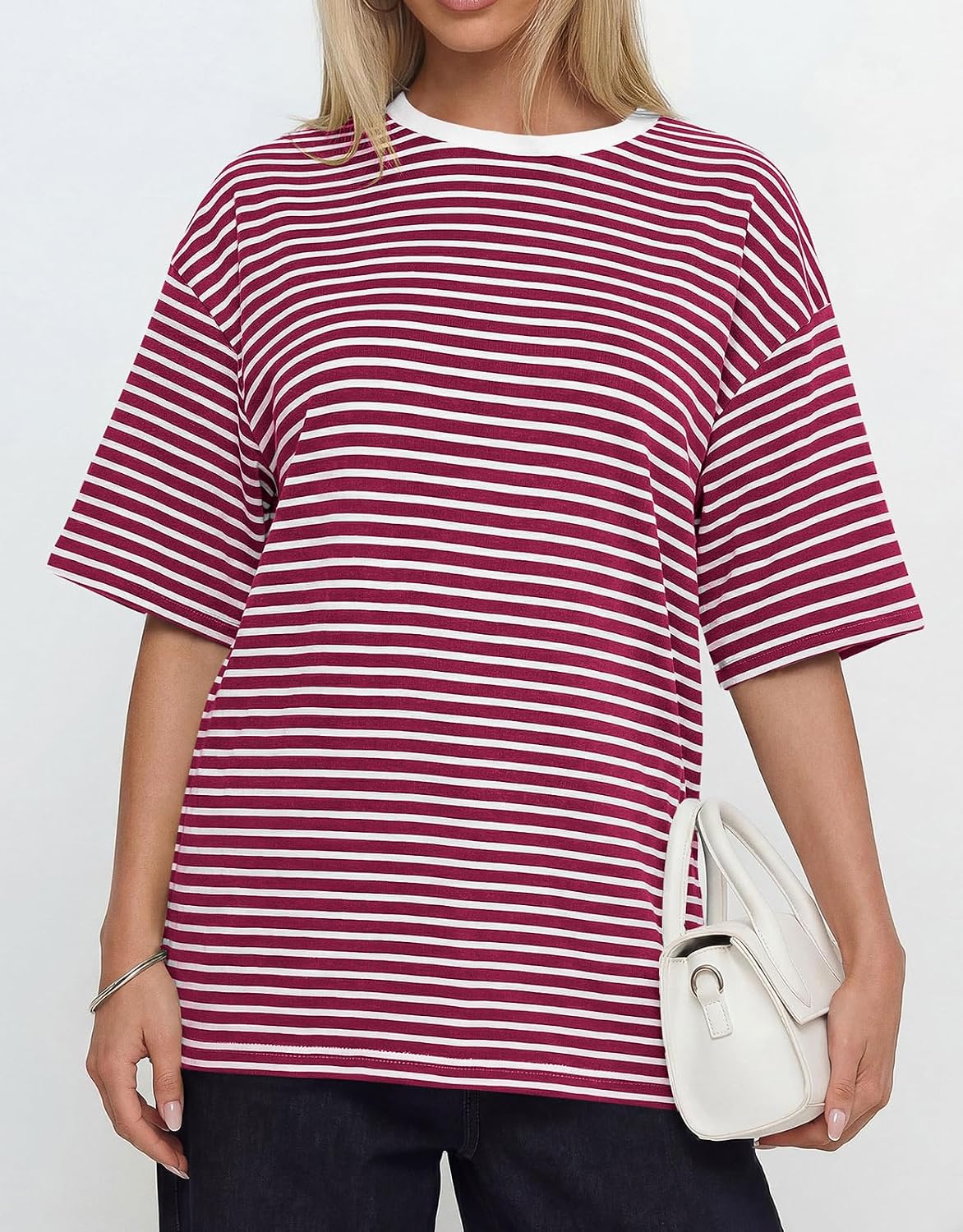 PRETTYGARDEN Women Short Sleeve Crewneck Ribbed Knit Oversized Tshirts 2026 Striped Summer Tops Basic Tee Casual Outfits