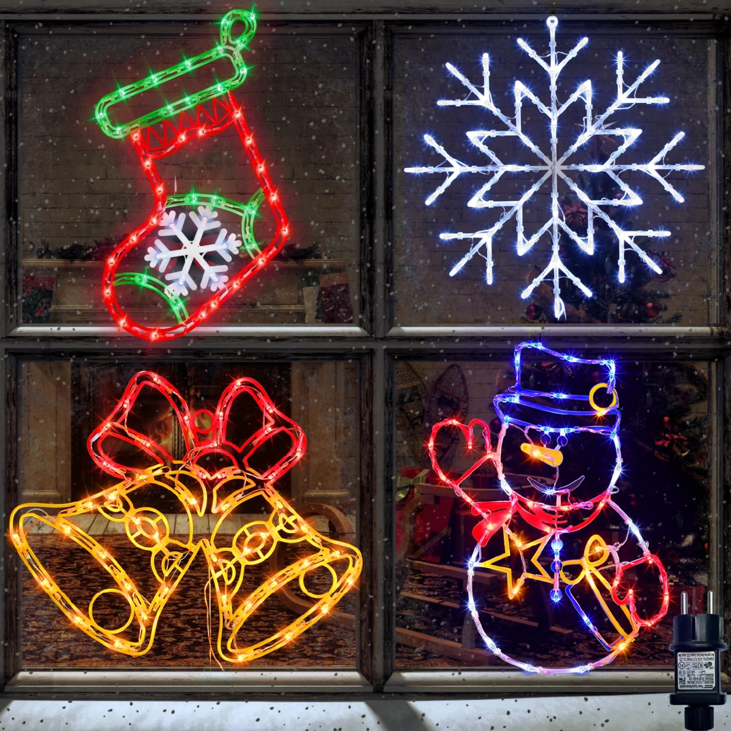 TRWYMZ Lot de 4 Décorations Lumineuses de Noël pour Fenêtre avec Prise EU | Décorations LED de Noël (flocon de neige, bonhomme de neige, cloche, chaussette de Noël) pour int&ext,murs,portes&fenêtres