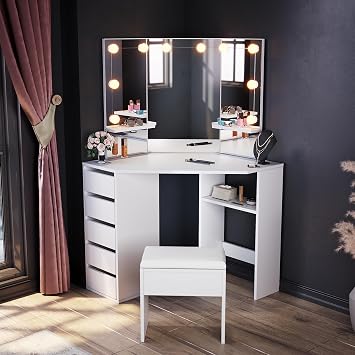 ELEGANT Corner Dressing Table Set with LED Lights, 54x111x142cm