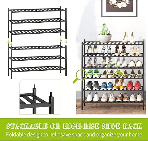 Miniatura 7 de BMOSU Zapatero Extendible de Bambú de 6 Niveles Premium Estante de Zapatos Apilable Organizador de Almacenamiento para Pasillo, Armario, Clóset,