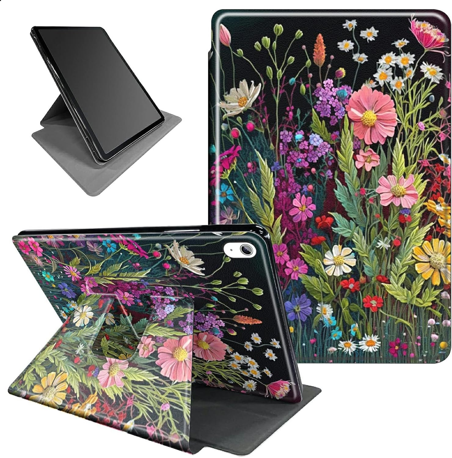 for iPad A16 Case,for iPad 11th/10th Generation Case 2025/2022 Release 360 Rotating Degree Stand Lightweight Protective Smart Cover with Auto Wake/Sleep - Floral Flower