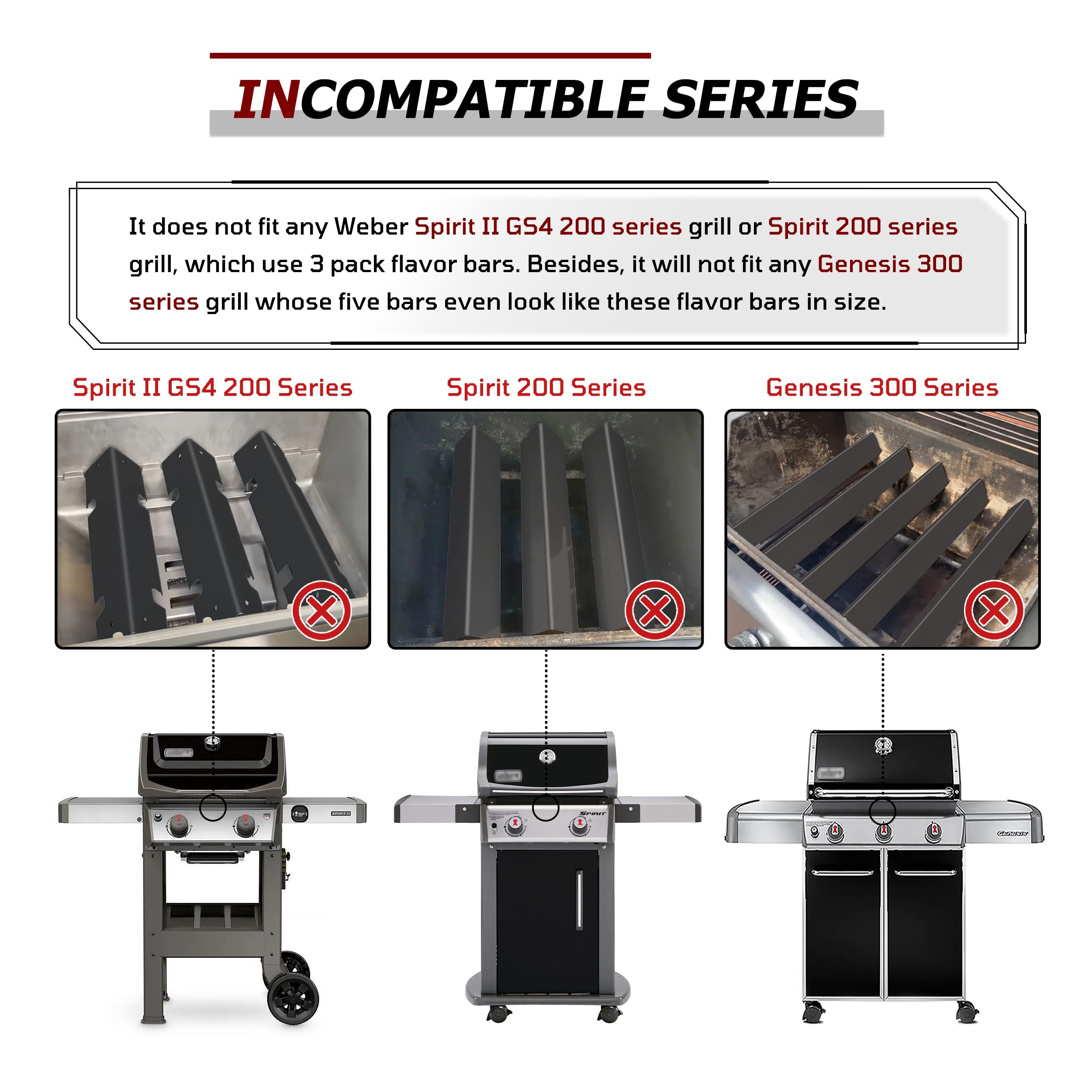 WEMEIKIT Lot de 5 Barres aromatisantes 7636 pour barbecues Weber Spirit 300 310 Series, Spirit II E310 S310 (avec contrôle Frontal), Acier Porcelaine 16 GA, Barres aromatiques de 39,1 cm 67046,