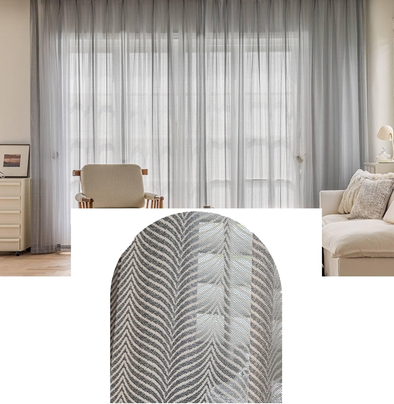 Rideaux Voilage 86x183, Rideau Fenêtres Salon Polyester Fil Noir Texturé à Chevrons, Oeillet, Lot de 2