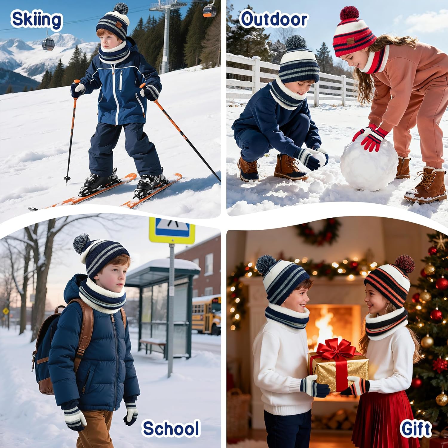 Kids Winter Hat Gloves Scarf Set: Girls Boys Beanie Hats Gloves Knit Set with Thick Warm Fleece Lined For Ages 6-10 Children - Image 7