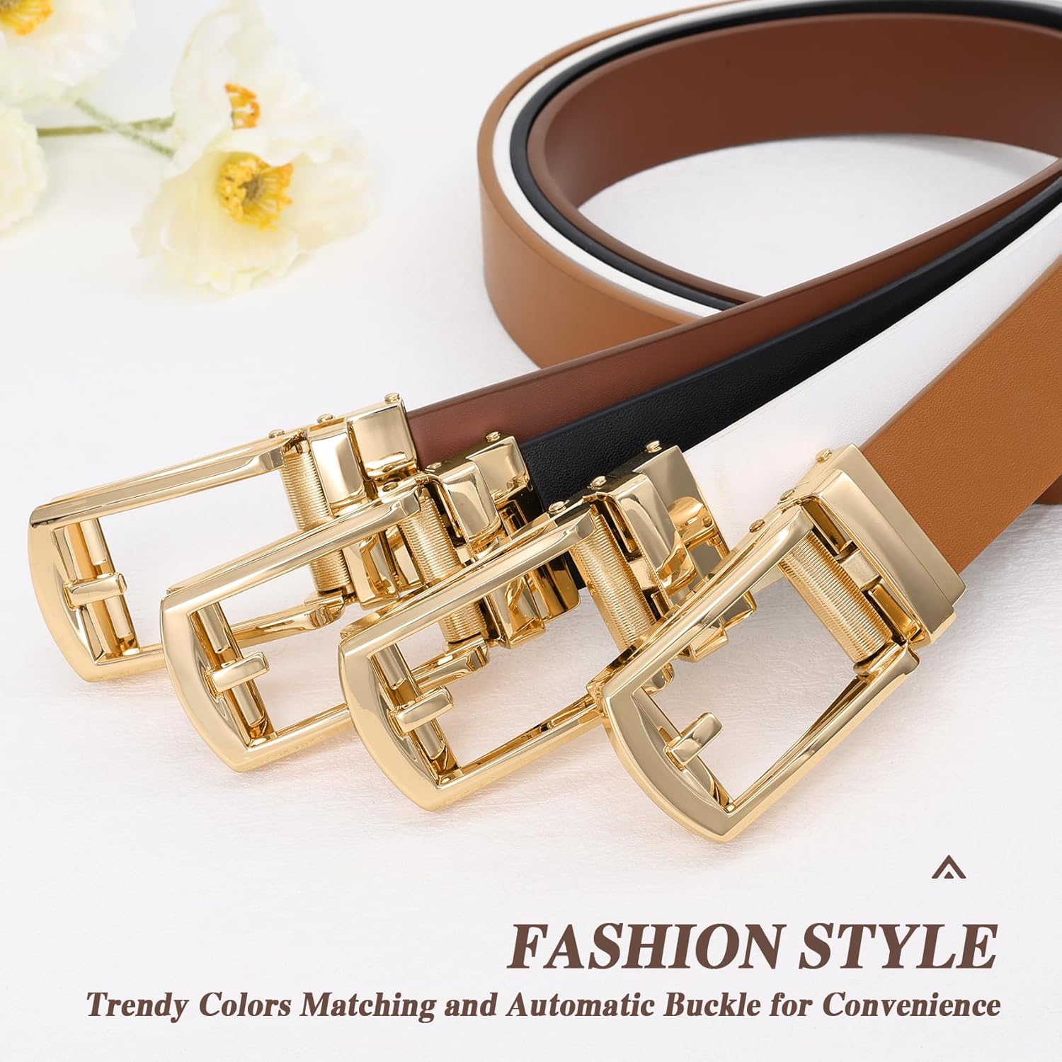 Women Leather Ratchet Belt for Jeans Pants with Automatic Gold Buckle Trendy Adjustable Ladies Dress Waist Belt Width 1.2" - Image 6