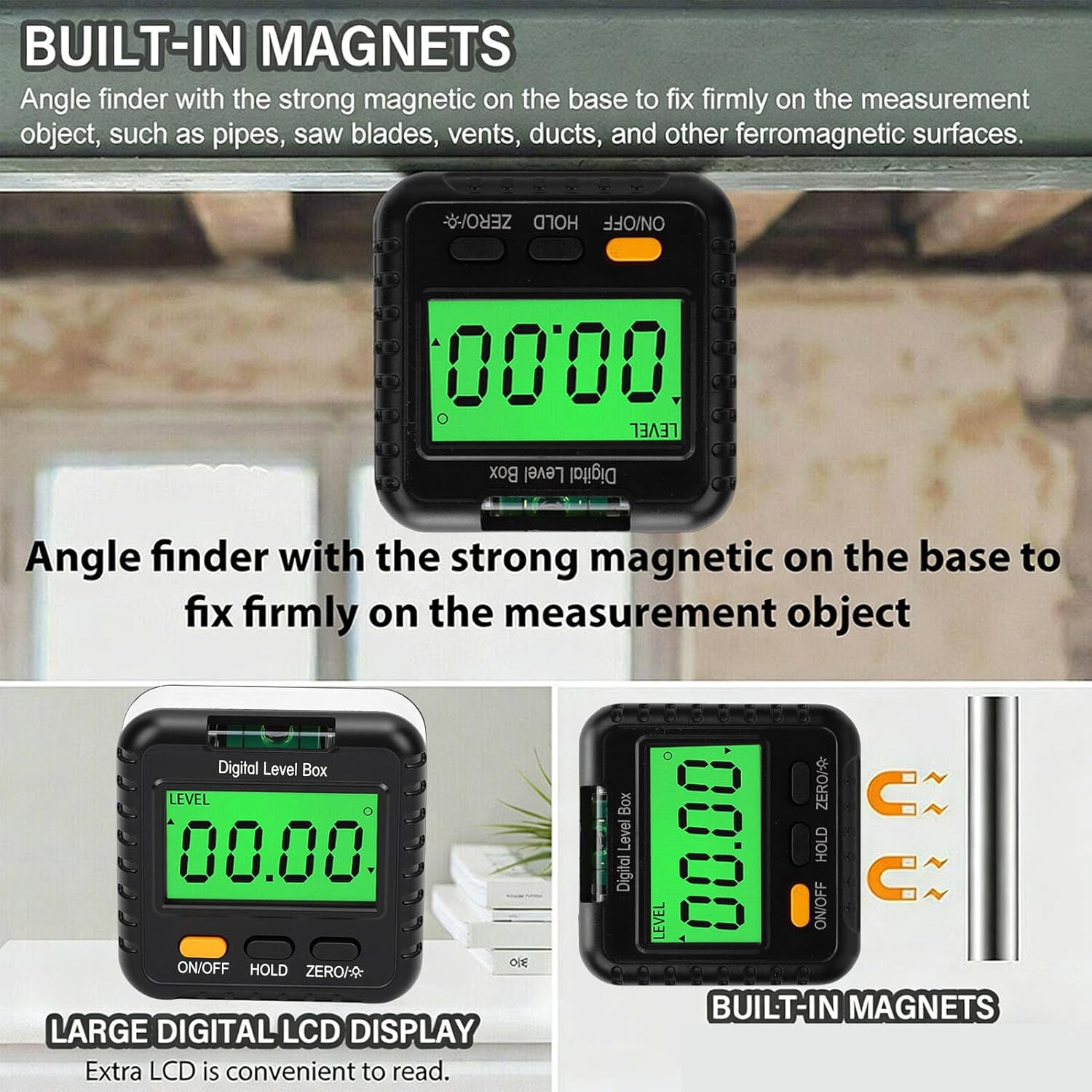 Jiawu Digital Level Box, 4x90 Degree Magnetic Angle Gauge with Backlit LCD Screen and High Precise Sensor for Woodworking Construction Machinery Automotive