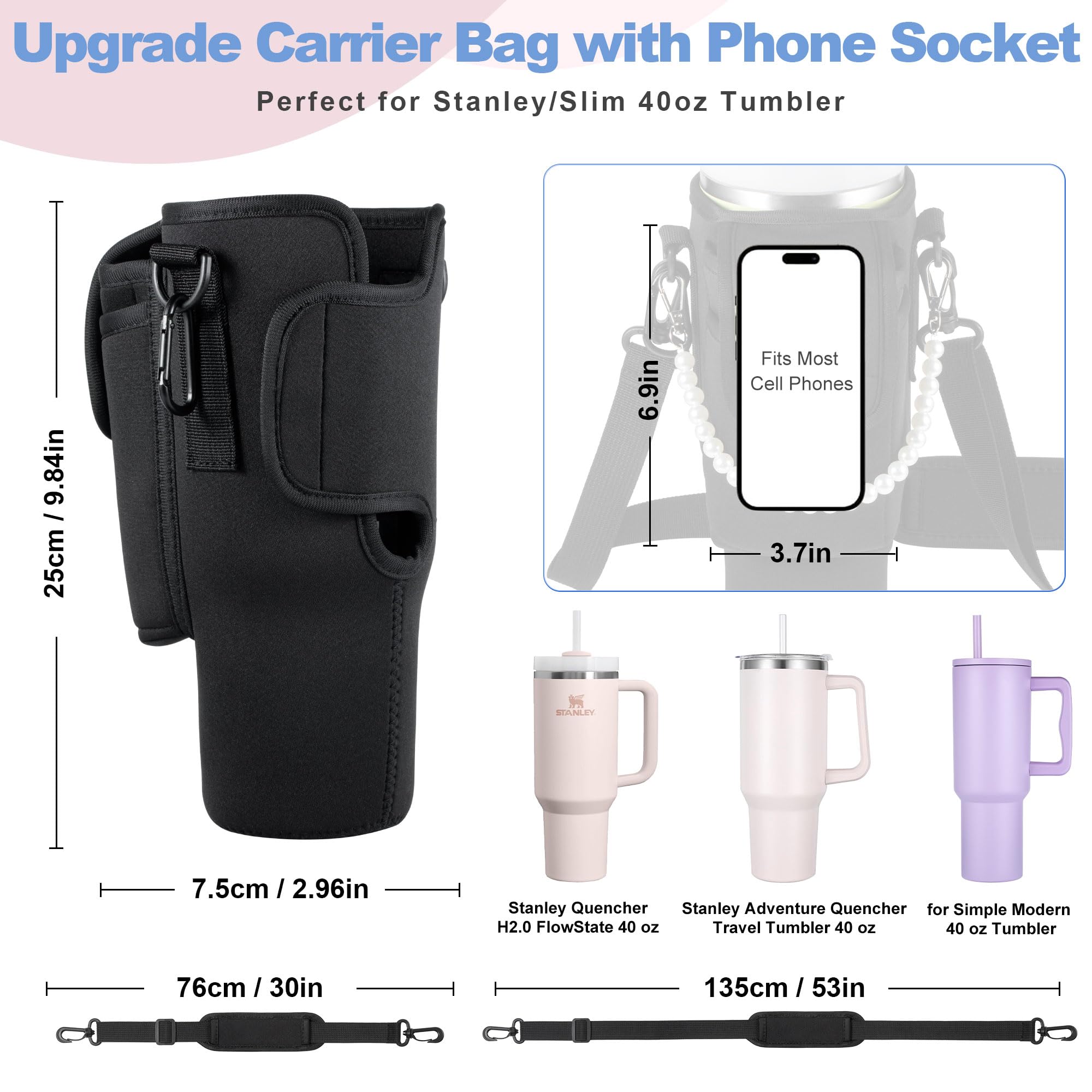 Water Bottle Carrier Bag Adjustable Neoprene Cup Holder Strap with Carabiner Clips -Sling Strap Water Bottle Carrier for Stanley 40oz Tumblers,Universal Fit for Backpacks,Bikes,Gym Bags(Black)