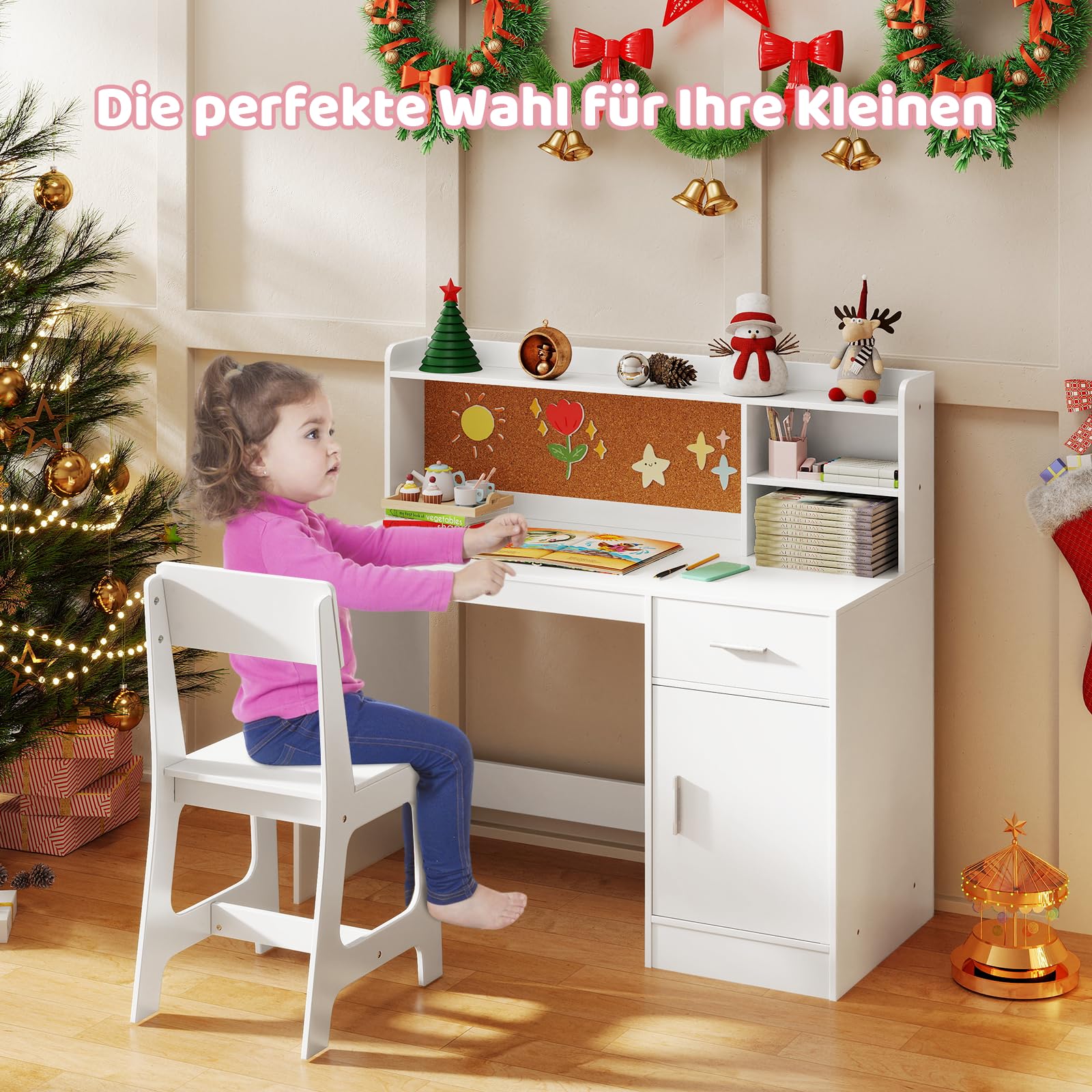 DREAMADE Schreibtisch Kinder mit Stuhl, Schülerschreibtisch aus Holz mit Schublade & offener Ablagefächer & Regal & Pinnwand, Jugendschreibtisch Schreibtischsets für Kinder ab 3 Jahren (Weiß)