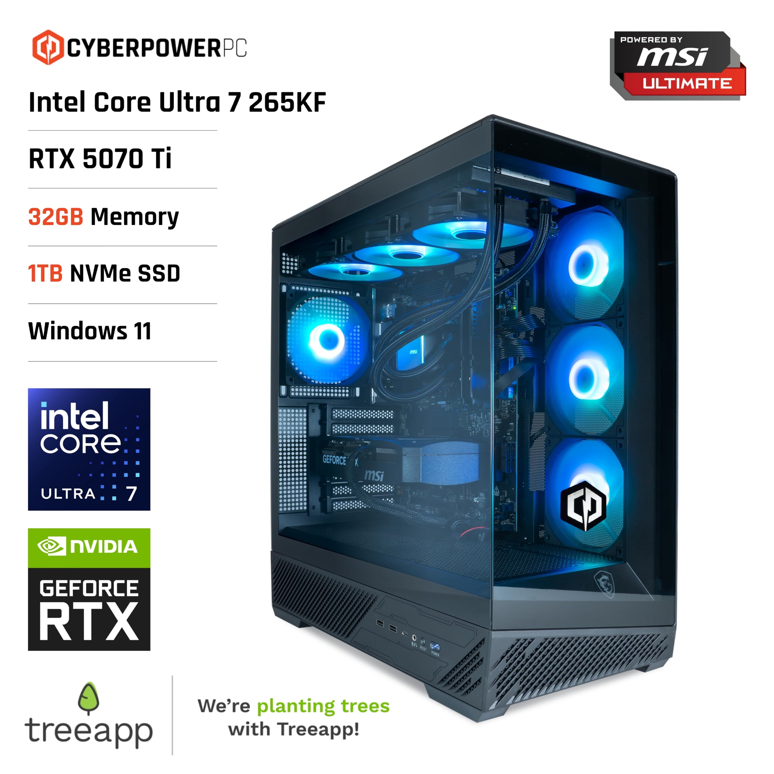 CyberpowerPC x MSI PBM Gaming PC - Intel Core Ultra 7 265KF, Nvidia RTX 5070 Ti, 32GB RAM, 1TB NVMe SSD, 850W PSU, Windows 11, Liquid Cooling, Mag Pano 130R PZ Black Case