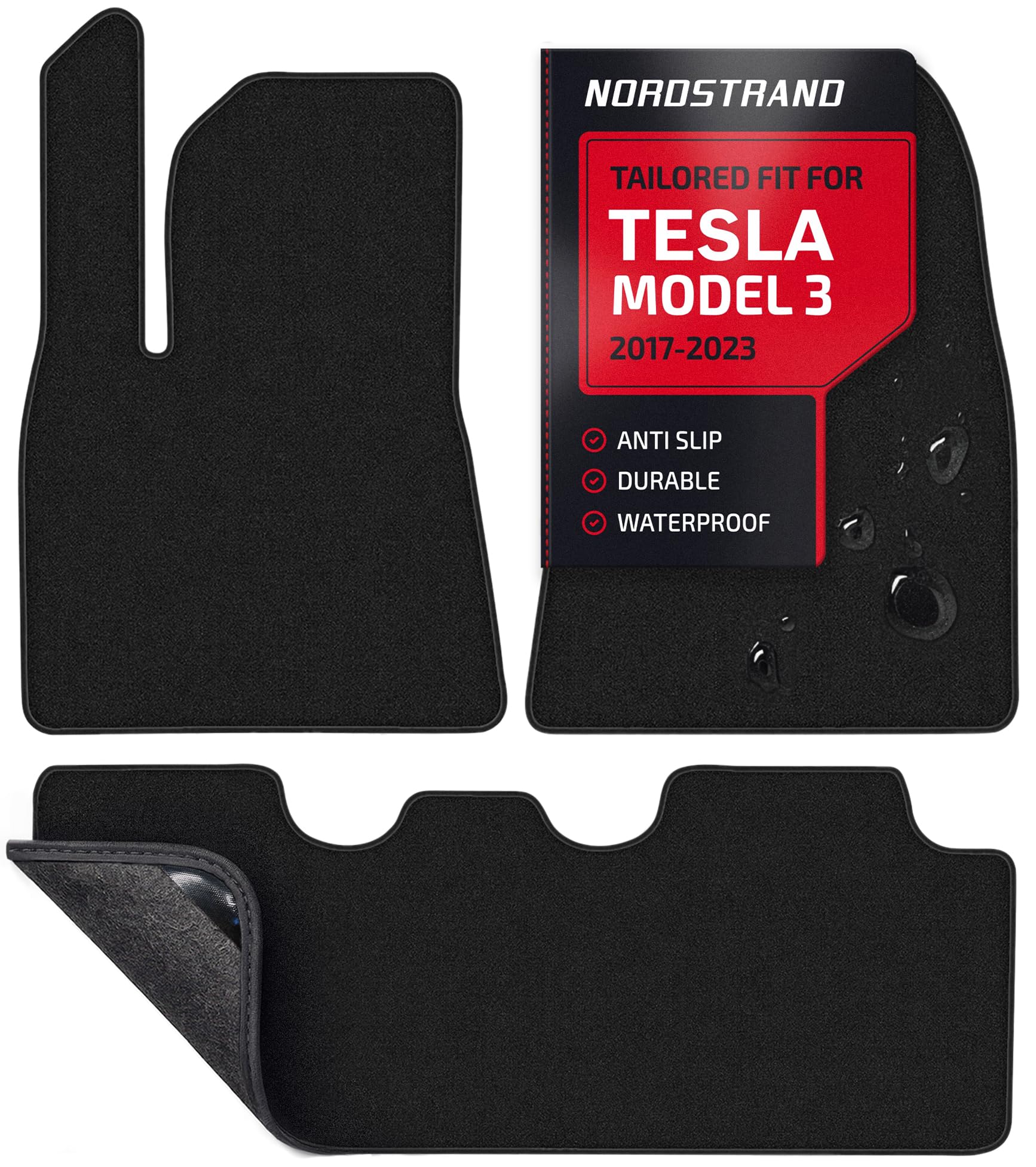 nordstrand floor mats for tesla model 3 2023-2017 - custom 3d fit - 1st & 2nd row - set of 3 - nylon anti-slip backing - 30oz heavy duty carpet mat - all weather car liner floormats