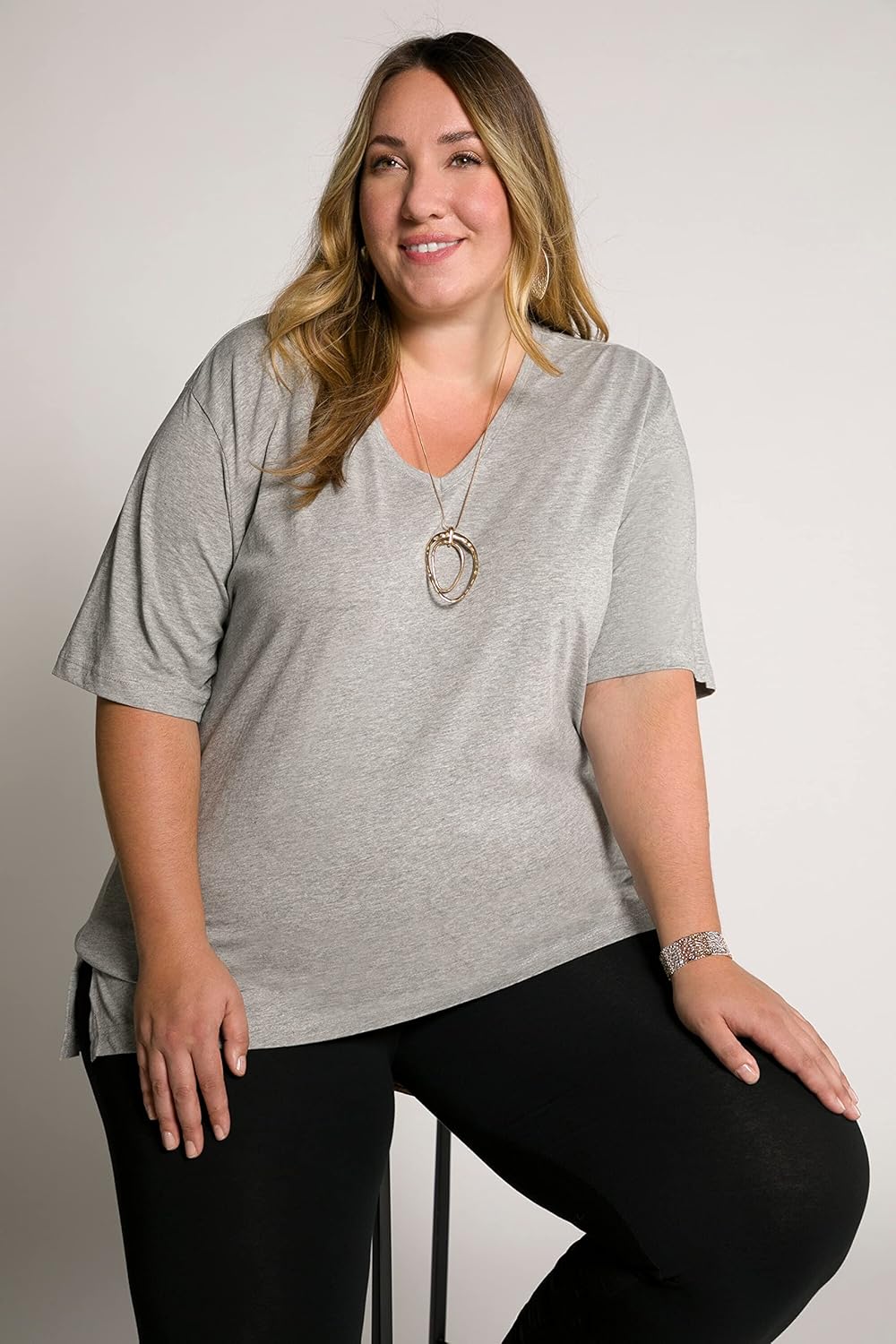 Ulla Popken Women's Basic-V T-Shirts Light Grey Mlange 42-44