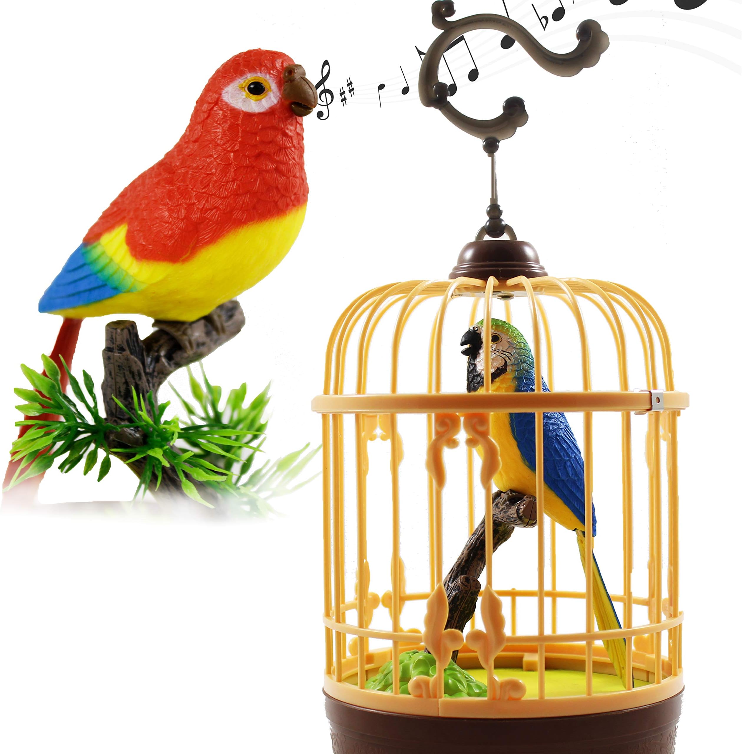 Haktoys Bird in Cage, Realistic Chirping Bird Toy, Sound Activated, Lifelike Natural Sounds, Interactive Desk Decor for Home or Office, Quick & Easy Assembly