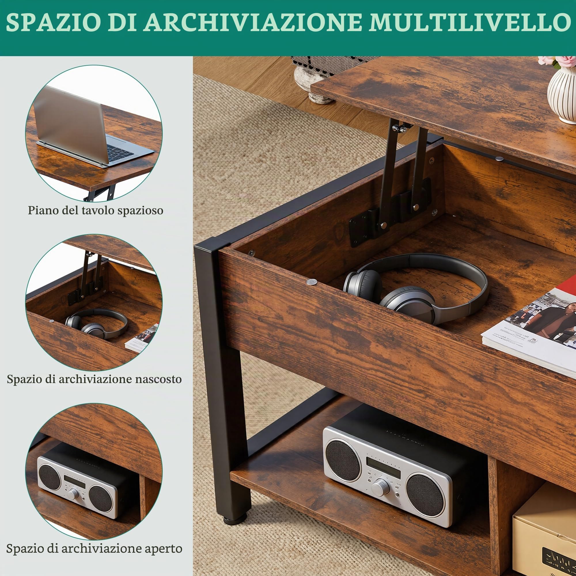 YITAHOME Tavolino da caffè con piano sollevabile, spazio di archiviazione a 2 livelli, tavolino da caffè regolabile in altezza con scomparto nascosto e piano d'appoggio, marrone vintage