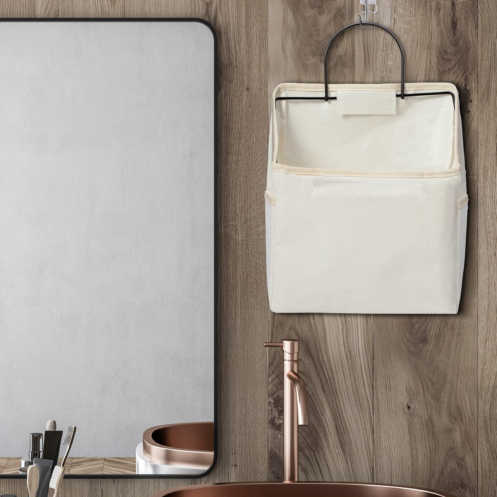 6 Pack Wall Hanging Storage Bag Bathroom Closet Hanging Storage Over The Door Hanging Basket Bedroom Wall Storage Organizer Bag Waterproof Linen Cotton Organizer Box Containers and 10 Hooks (White)