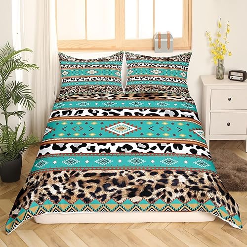 Miniatura 2 de Juego de ropa de cama con estampado de leopardo, color marrón, negro, blanco, con parches de piel de guepardo, juego de funda de edredón tribal