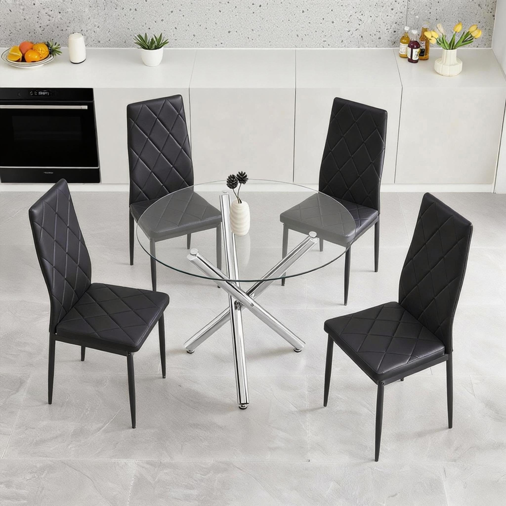 Homullel Round Dining Table and Chairs Set 4 Seater Kitchen Dining Set, 5 Pieces Table & Chairs Dinner Table Set for 4 (90cm Glass Table with 4 Chairs, Fuax Leather Black #2) โ image 1