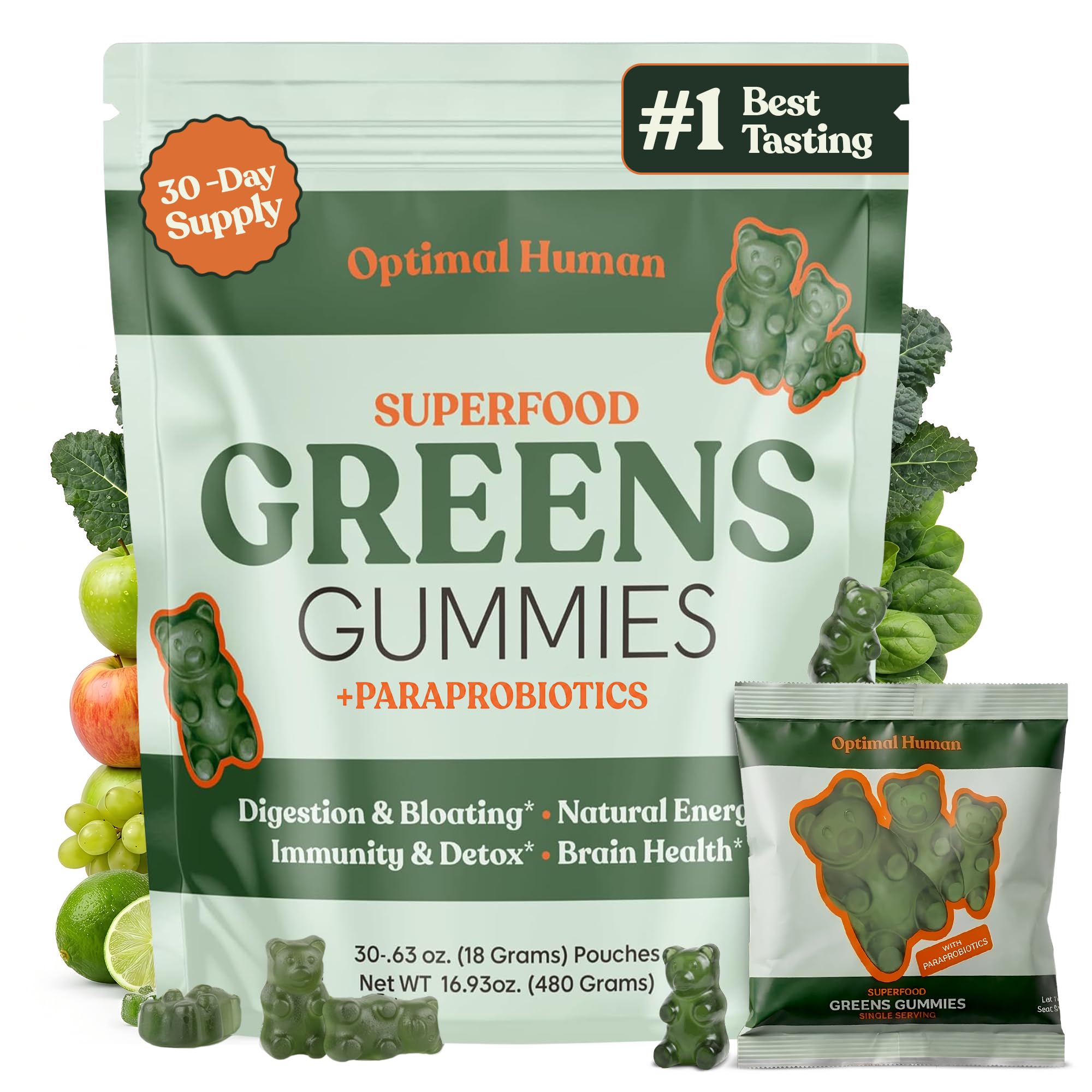 O H Optimal Human Adult Green Gummies, Superfood Greens &amp; Probiotics, 30 Ct