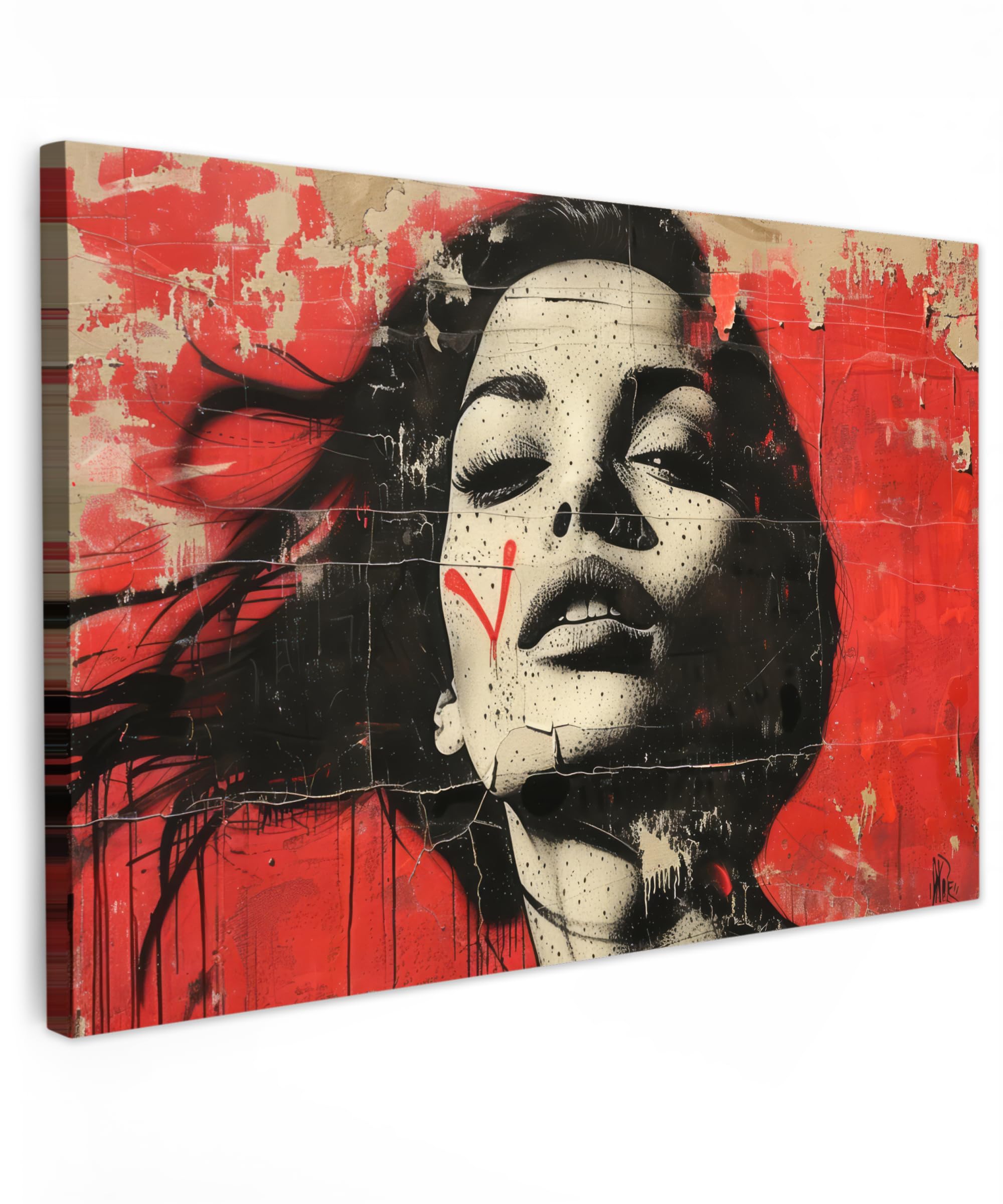 MuchoWow© Canvas Wall Art 12"x8" / 30x20 cm Decor Paintings Prints framed on Canvas Decorations Wallart Graffiti - Woman - Red - Street art - Banksy — image 1