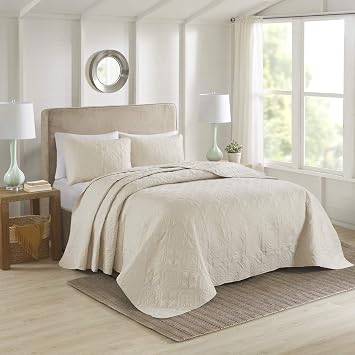 510 DESIGN Oakley Reversible Quilt Set - Luxe Stitching Design, All Season, Lightweight Coverlet Bedspread Bedding, Matching Shams, Oversized Full/Queen102"x118", Medallion Cream 3 Piece