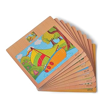 KIDS KINDLY Wooden 12 Piece Jigsaw Puzzle for Kids, Animals & Vehicle Theme Game, Promotes Fine Motor Skills, Improve Hand-Eye Coordination, Puzzle Game for Kids - 3 Years+ (Pack of 06) Random Design - image, photos