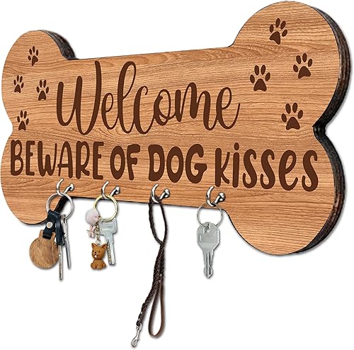 Llavero de madera con 4 ganchos  Welcome Beware of Dog Kisses Organizador decorativo de llaves para pared  Casa Oficina Cocina Pasillo Entrada