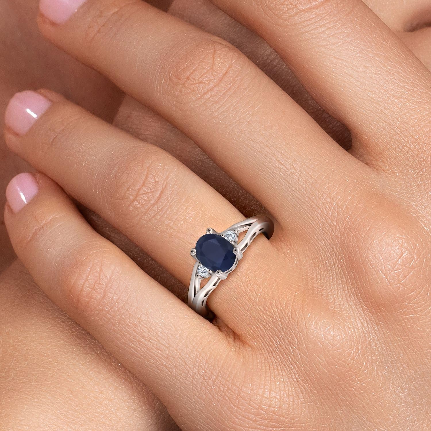 Gem Stone King 3-Stone Engagement Ring For Women | 925 Sterling Silver | Gemstone Birthstone and Diamond | Oval 8X6MM and Round 2MM | Three Stone Wedding Anniversary Promise Ring | Sizes 5-9
