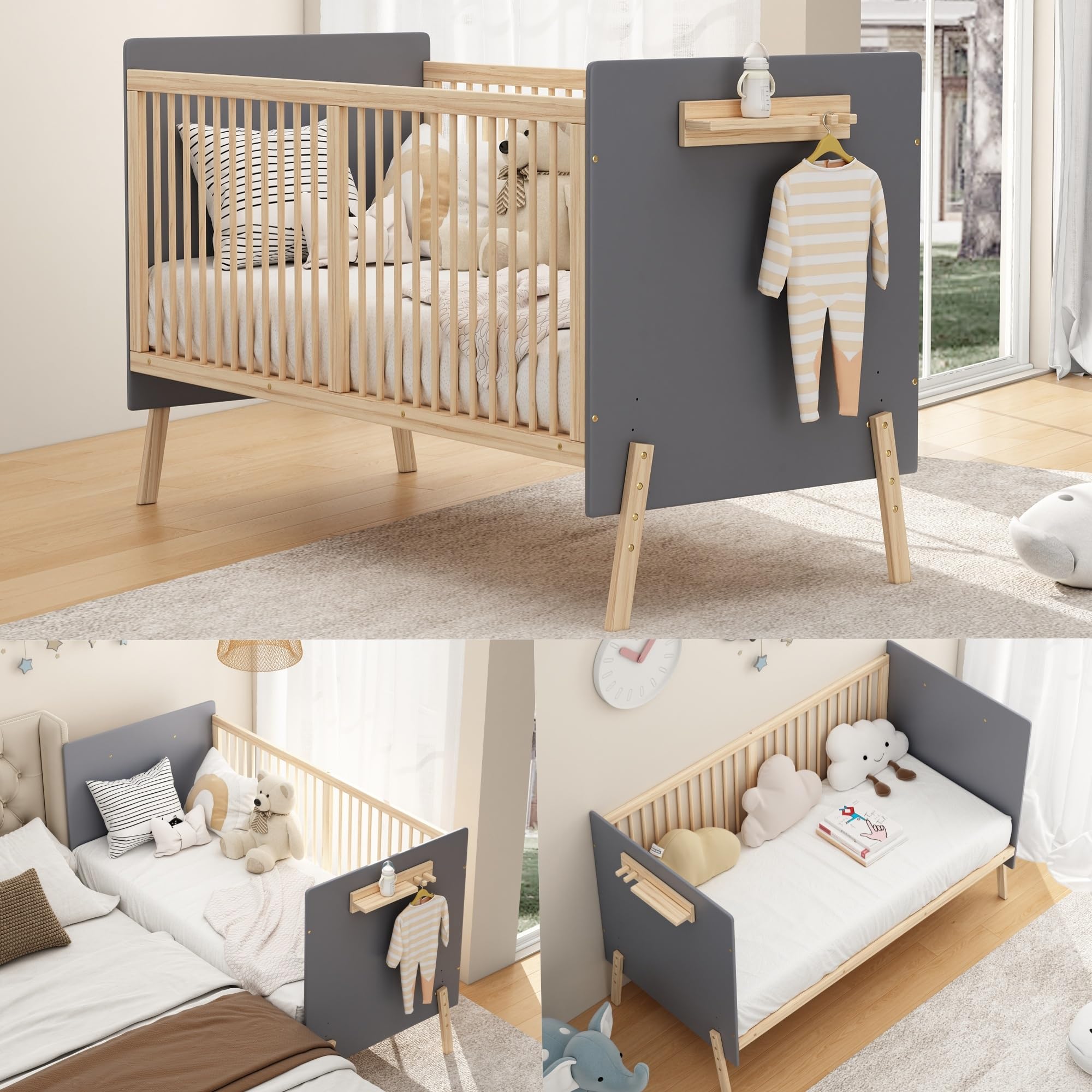 Babybett Holz mit Höhenverstellung – Beistellbett Baby & Sofabett | Massives Fichtenholz, 3‑stufig (20/25/30 cm), schadstofffreie Lackierung, Traglast 100 kg, inkl. Aufbewahrungsregal
