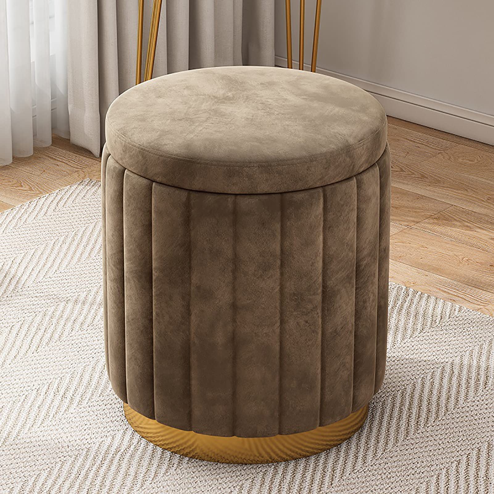 Pouf rond de rangement en velours marron haut de gamme avec socle doré
