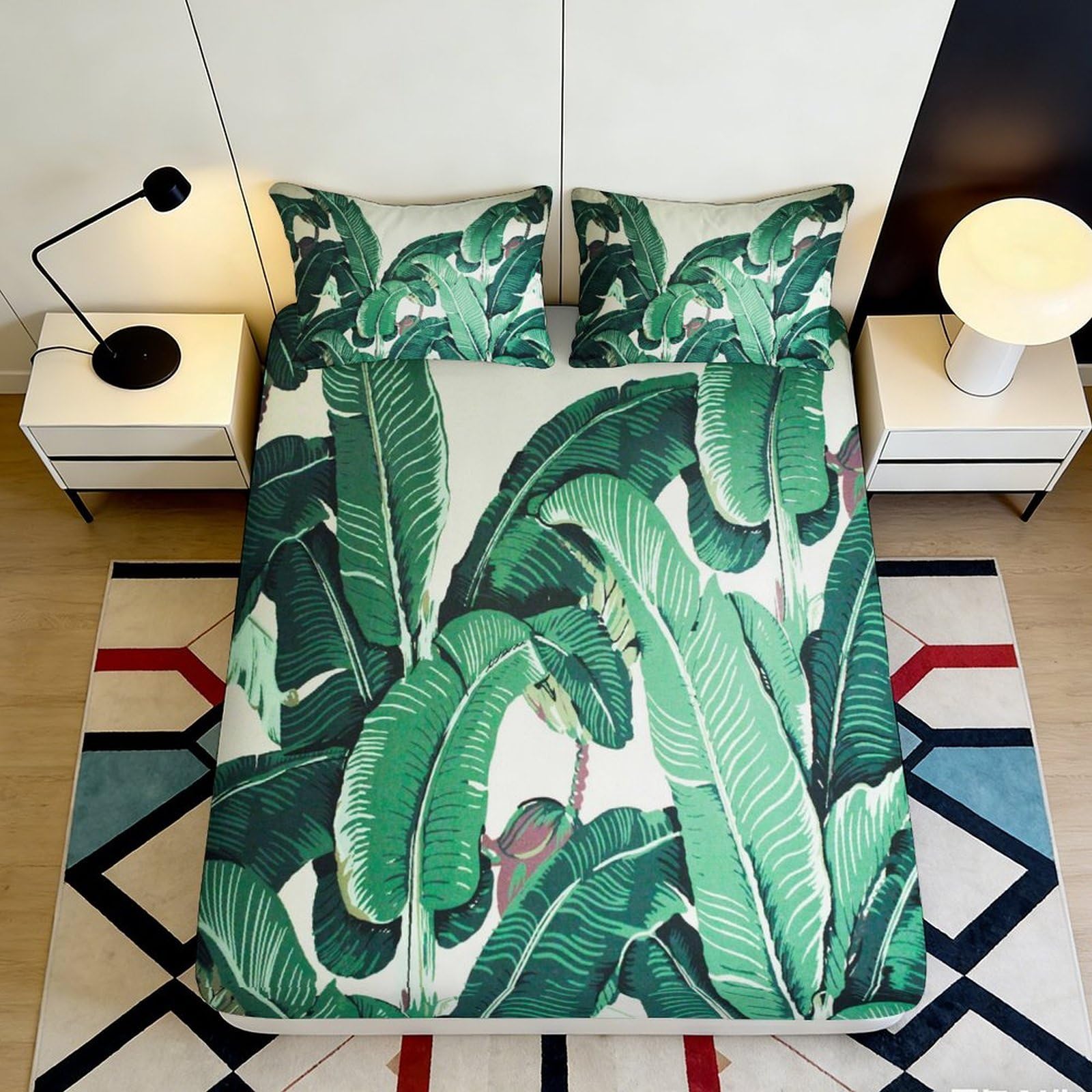 3D Printed Tropical Banana Leaf Fitted Sheet Microfiber Green Botanical Mattress Cover for Bedroom Guest Room Decor 140x200x25cm