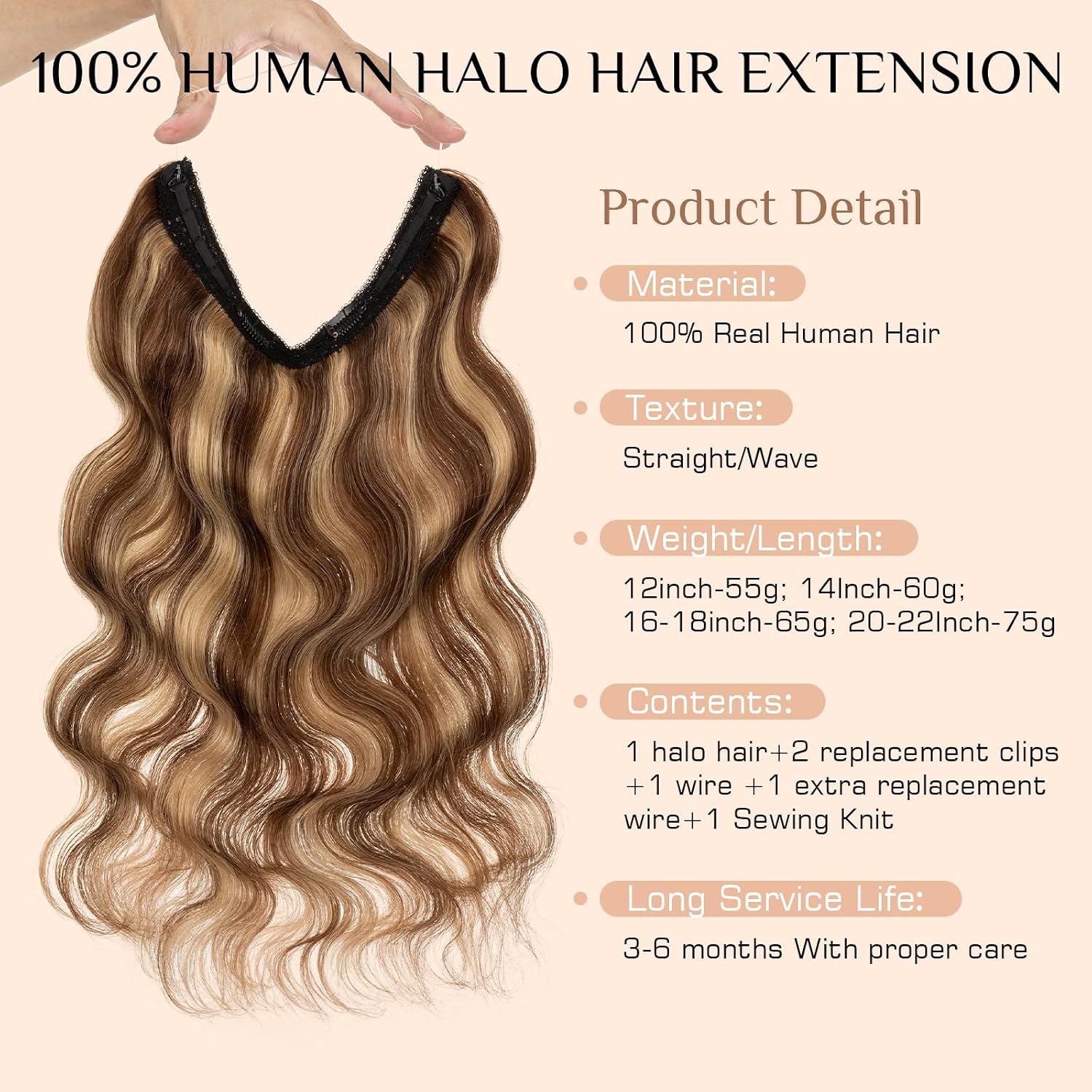 rich choices short halo hair extensions real human hair wave/curled remy hairs halo extension for women invisible wire hairpiece for short hairs 12 inch #4p27 medium brown highlight dark blonde 12 inch wavy-#4p27 medium brown highlight dark blonde