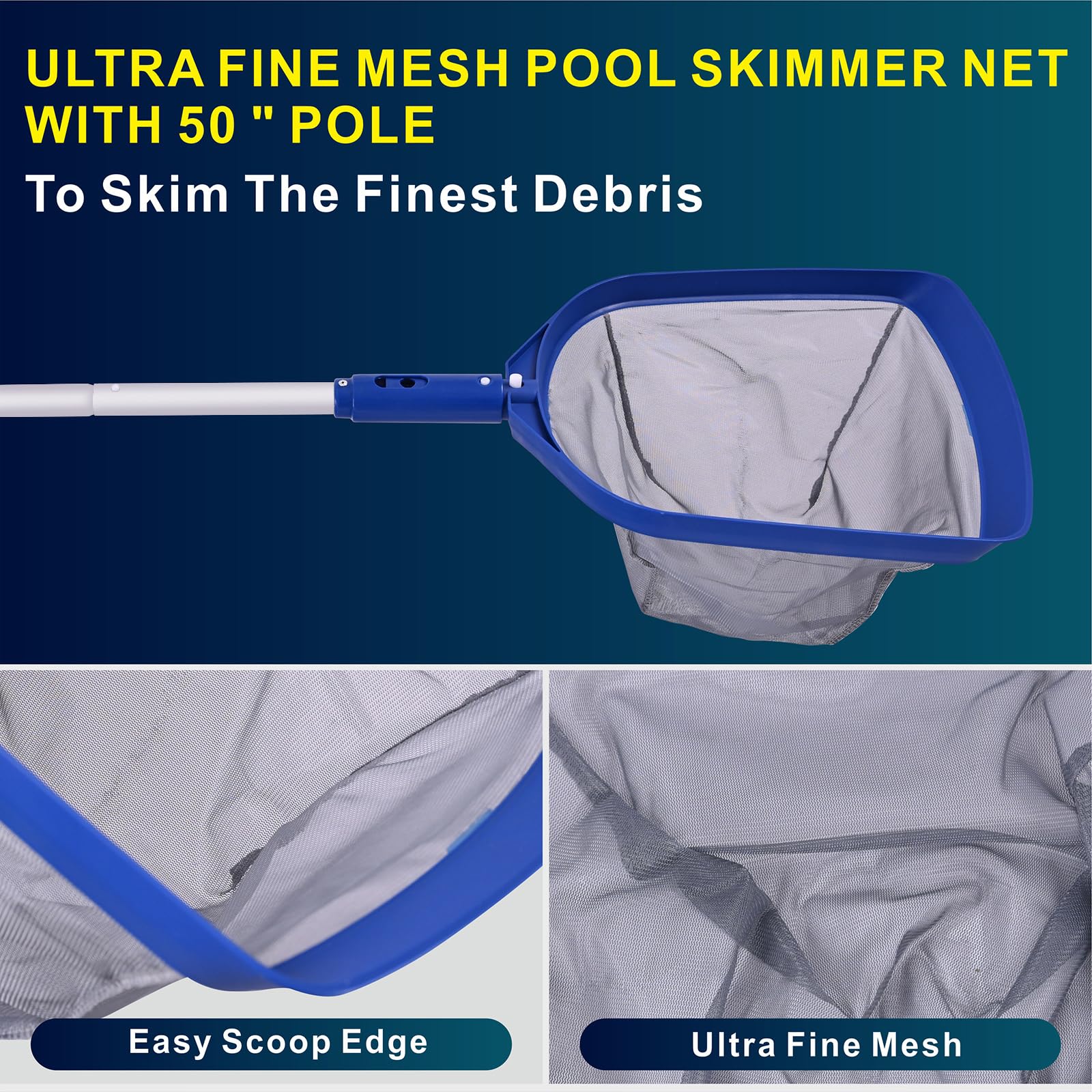 POOLAZA Rete per skimmer per piscina e testina per piscina con palo in alluminio da 127 cm, retino per piscina a maglia fine e robuste spazzole da 35,6 cm per la pulizia delle pareti della piscina,