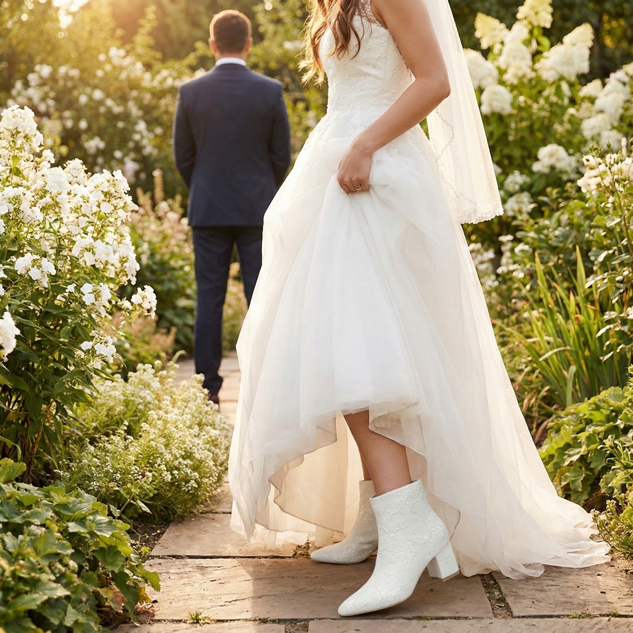 Botas De Novia De Encaje con Tacón Bloque para Mujer Botines De Tobillo Punta Puntiaguda Zapatos De Boda