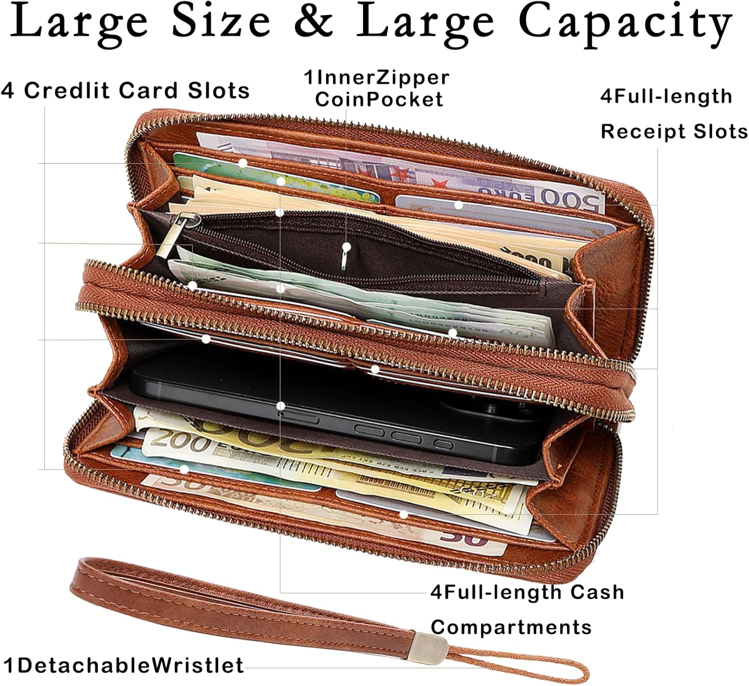 Wallet For Women Large Capacity Wristlet Purse for Women RFID Blocking Multi Clutch Wallet Brown - Image 3