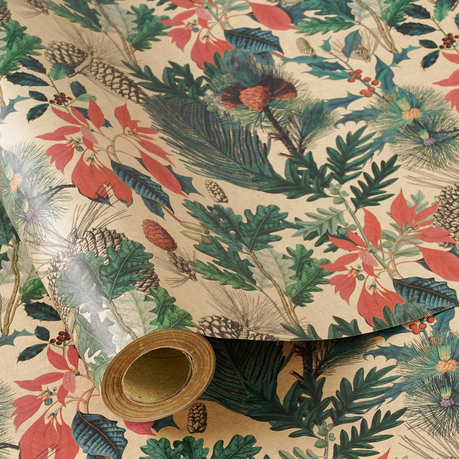 RUSPEPA Christmas Wrapping Paper Roll, Mini Roll, Watercolor Winter Botanical Design with Pinecones, Holly and Poinsettia, Kraft Gift Wrap for Christmas, Winter Party, 43.2cm x 5m โ image 1