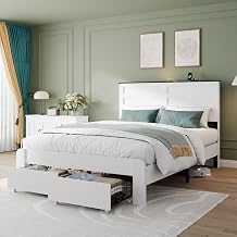 Wooden Queen Size Bed Frame with Storage Drawers, LED Headboard