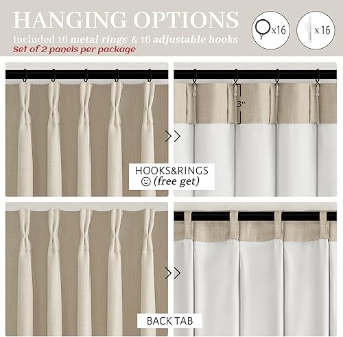 Miniatura 6 de Juego de 2 paneles de cortinas opacas de lino grueso natural, plisado, con 100% bloqueo de luz, eficiencia energética, para dormitorio, 40 pulgadas